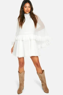 Smock Dresses*boohoo Crinkle Chiffon Cape Frill Mini Dress ivory