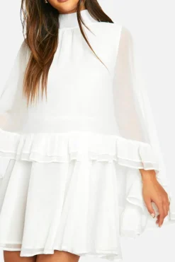 Smock Dresses*boohoo Crinkle Chiffon Cape Frill Mini Dress ivory