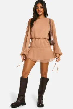 Smock Dresses*boohoo Crinkle Chiffon Frill Hem Mini Dress mocha