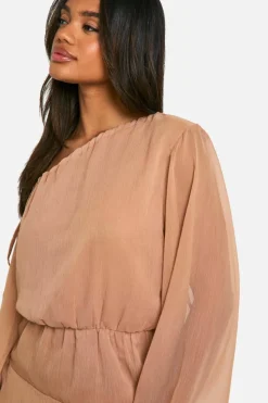 Smock Dresses*boohoo Crinkle Chiffon Frill Hem Mini Dress mocha