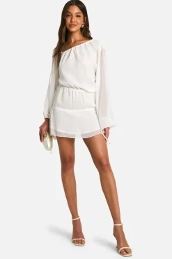 Smock Dresses*boohoo Crinkle Chiffon Frill Hem Mini Dress ivory