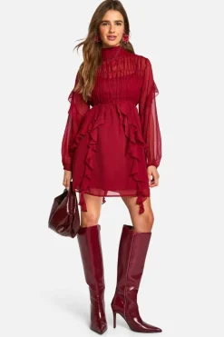 Smock Dresses*boohoo Crinkle Chiffon Funnel Neck Ruffle Smock Dress burgundy