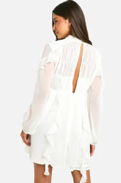 Smock Dresses*boohoo Crinkle Chiffon Funnel Neck Ruffle Smock Dress ivory