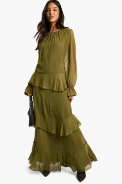 Smock Dresses*boohoo Crinkle Chiffon Ruffle Blouson Maxi Dress olive