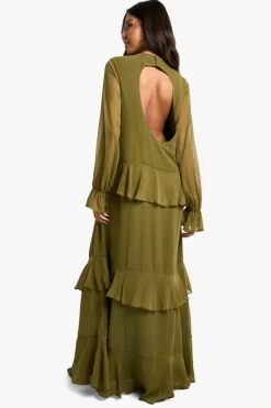 Smock Dresses*boohoo Crinkle Chiffon Ruffle Blouson Maxi Dress olive
