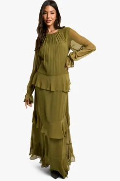 Smock Dresses*boohoo Crinkle Chiffon Ruffle Blouson Maxi Dress olive