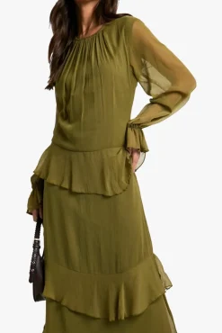 Smock Dresses*boohoo Crinkle Chiffon Ruffle Blouson Maxi Dress olive