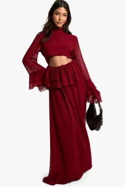 Smock Dresses|Maxi Dresses*boohoo Crinkle Chiffon Ruffle Flare Sleeve Maxi Dress burgundy
