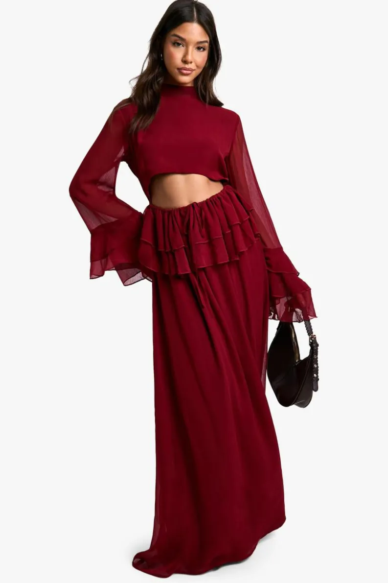 Smock Dresses|Maxi Dresses*boohoo Crinkle Chiffon Ruffle Flare Sleeve Maxi Dress burgundy