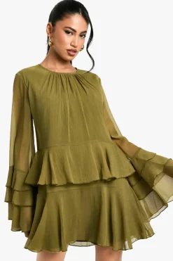 Smock Dresses*boohoo Crinkle Chiffon Ruffle Flare Sleeve Mini Dress olive