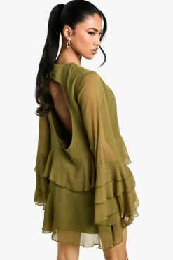 Smock Dresses*boohoo Crinkle Chiffon Ruffle Flare Sleeve Mini Dress olive