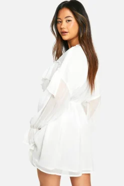 Skater Dresses*boohoo Crinkle Chiffon Ruffle Long Sleeve Mini Dress cream