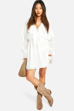 Skater Dresses*boohoo Crinkle Chiffon Ruffle Long Sleeve Mini Dress cream