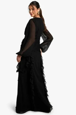 Maxi Dresses|Long Sleeve Dresses*boohoo Crinkle Chiffon Ruffle Maxi Dress black