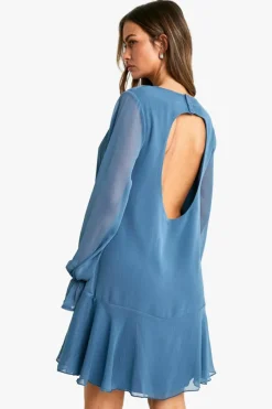 Smock Dresses*boohoo Crinkle Chiffon Ruffle Mini Dress slate blue