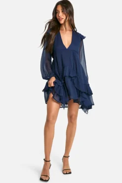 Smock Dresses*boohoo Crinkle Chiffon Ruffle Smock Dress navy