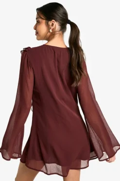 Mini Dresses*boohoo Crinkle Chiffon Ruffle Tie Front Mini Dress chocolate