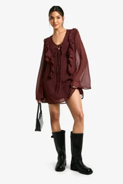 Mini Dresses*boohoo Crinkle Chiffon Ruffle Tie Front Mini Dress chocolate