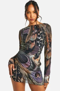 Skater Dresses*boohoo Crinkle Feather Printed Mesh Scoop Back Flare Sleeve Mini Dress multi