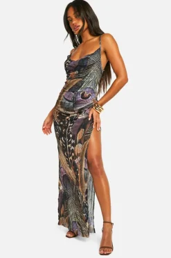 Maxi Dresses*boohoo Crinkle Feather Printed Mesh Cowl Neck Maxi Dress multi