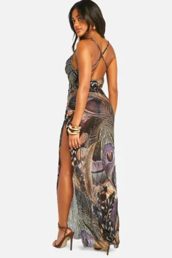 Maxi Dresses*boohoo Crinkle Feather Printed Mesh Cowl Neck Maxi Dress multi