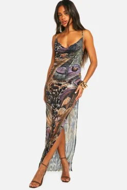 Maxi Dresses*boohoo Crinkle Feather Printed Mesh Cowl Neck Maxi Dress multi