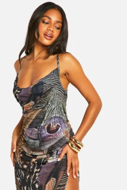 Maxi Dresses*boohoo Crinkle Feather Printed Mesh Cowl Neck Maxi Dress multi
