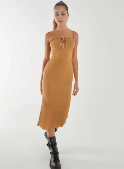 Midi Dresses*Pink Vanilla Crinkle Tie Midi Dress Camel