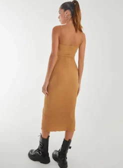 Midi Dresses*Pink Vanilla Crinkle Tie Midi Dress Camel