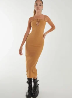 Midi Dresses*Pink Vanilla Crinkle Tie Midi Dress Camel
