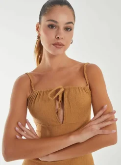 Midi Dresses*Pink Vanilla Crinkle Tie Midi Dress Camel