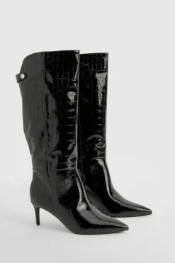Over The Knee Boots|Knee High Boots*boohoo Croc Curved Stiletto Knee High Boots black