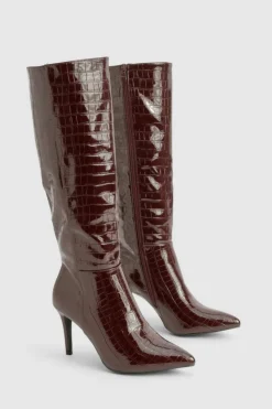 Over The Knee Boots|Knee High Boots*boohoo Croc Detail Knee High Stiletto Boot wine