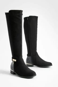 Over The Knee Boots|Knee High Boots*boohoo Croc Flat Faux Suede Knee High Boots black