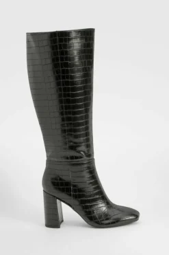 Over The Knee Boots|Knee High Boots*boohoo Croc Heeled Knee High Boot black