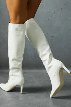 Knee High Boots*MissPap Croc Leather Look Knee High Pointed Boots white