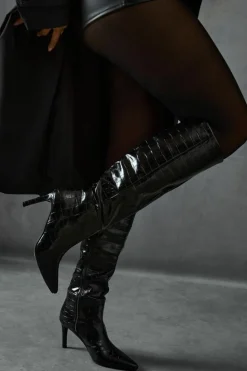 Knee High Boots*MissPap Croc Leather Look Pointed Knee High Boots black