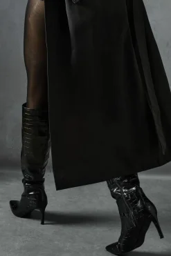 Knee High Boots*MissPap Croc Leather Look Pointed Knee High Boots black