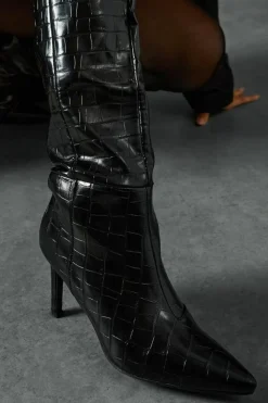 Knee High Boots*MissPap Croc Leather Look Pointed Knee High Boots black