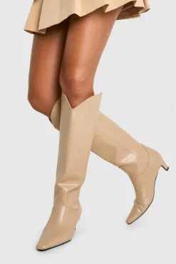 Over The Knee Boots|Knee High Boots*boohoo Croc Low Heel Knee High Boots nude