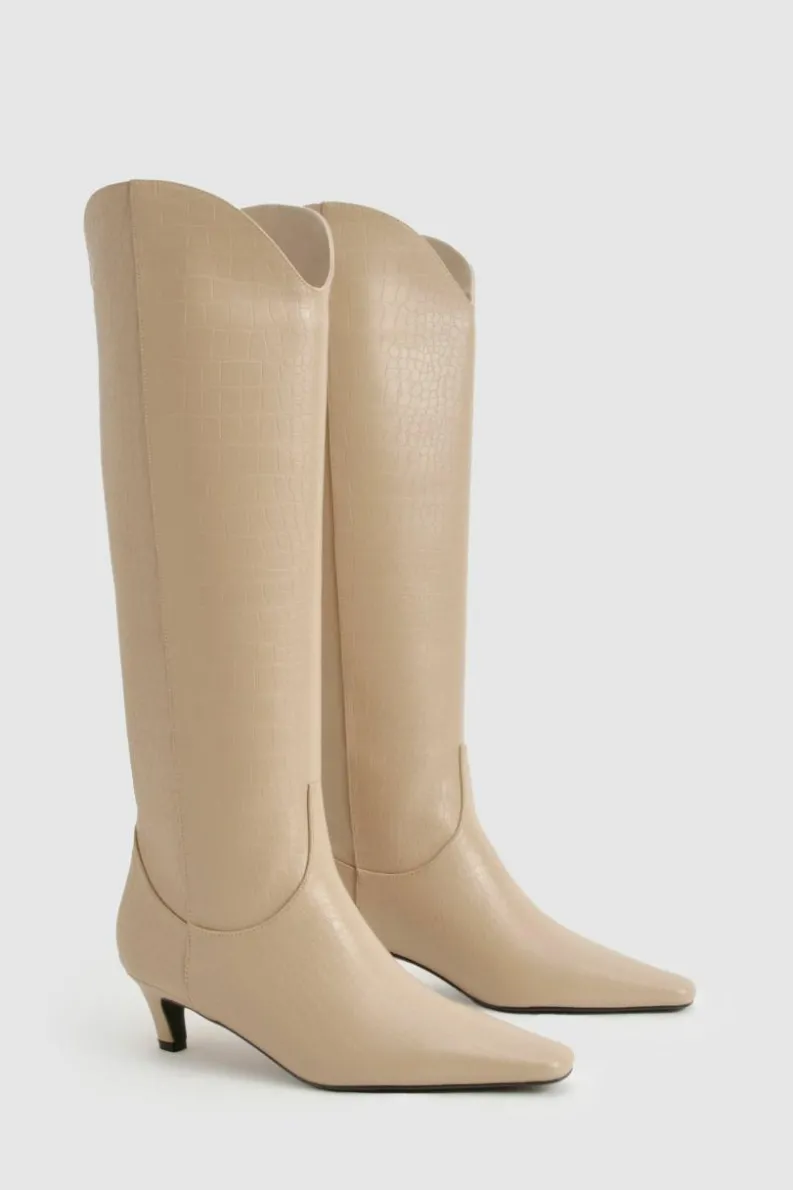 Over The Knee Boots|Knee High Boots*boohoo Croc Low Heel Knee High Boots nude