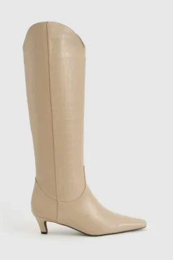 Over The Knee Boots|Knee High Boots*boohoo Croc Low Heel Knee High Boots nude