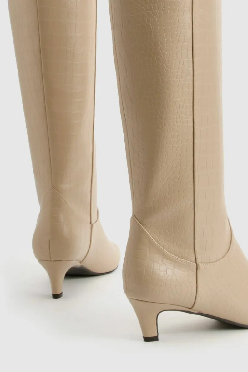 Over The Knee Boots|Knee High Boots*boohoo Croc Low Heel Knee High Boots nude