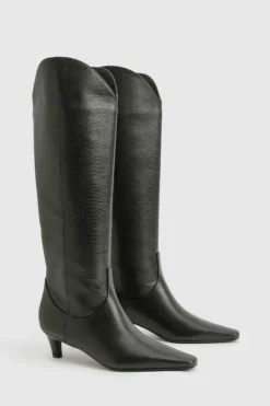 Over The Knee Boots|Knee High Boots*boohoo Croc Low Heel Knee High Boots black