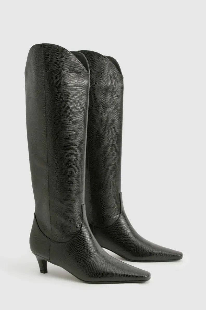 Over The Knee Boots|Knee High Boots*boohoo Croc Low Heel Knee High Boots black