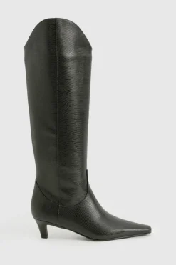 Over The Knee Boots|Knee High Boots*boohoo Croc Low Heel Knee High Boots black