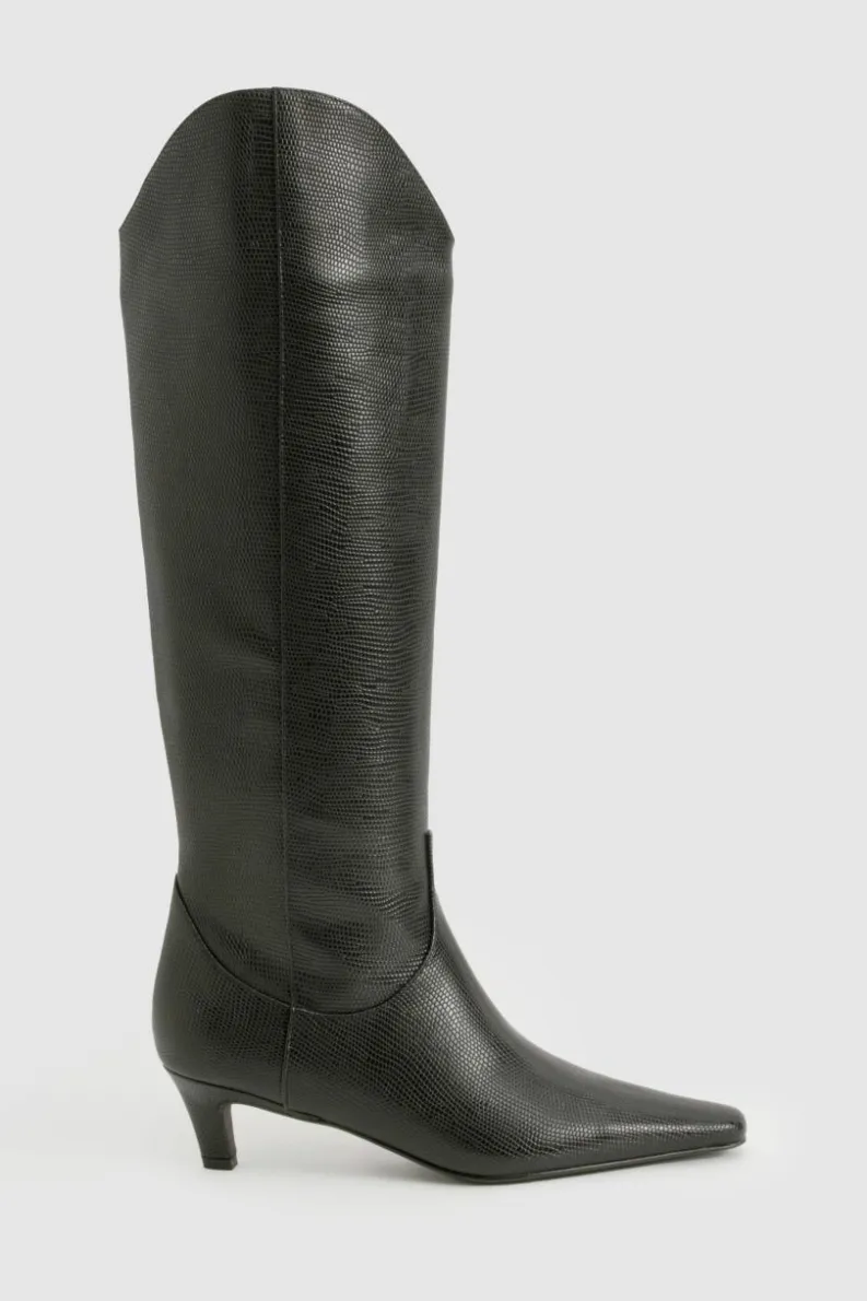 Over The Knee Boots|Knee High Boots*boohoo Croc Low Heel Knee High Boots black