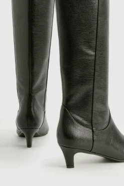 Over The Knee Boots|Knee High Boots*boohoo Croc Low Heel Knee High Boots black