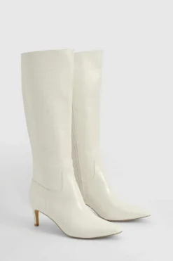 Over The Knee Boots|Knee High Boots*boohoo Croc Low Heel Pointed Knee High Boots cream