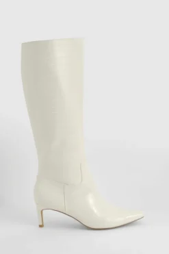 Over The Knee Boots|Knee High Boots*boohoo Croc Low Heel Pointed Knee High Boots cream